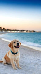 Golden Retriever puppy beach sunset; happy dog enjoying ocean view