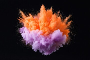 A vibrant explosion of orange and purple powder against a black background, creating a striking visual effect.