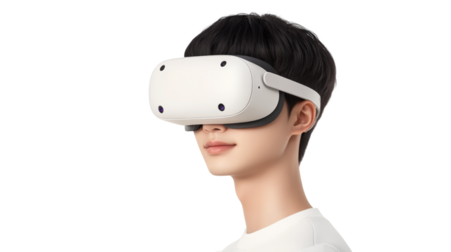 young man wearing virtual reality headset, engaged in immersive technology, isolated on transparent background
