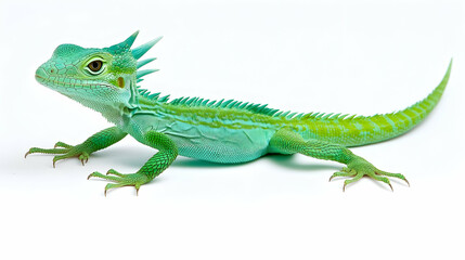 Naklejka premium Green Basilisk Lizard on White Background. Perfect for reptile books, websites, or pet store advertising