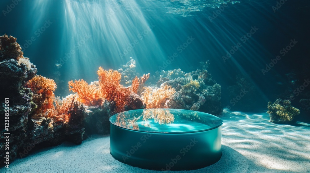 Poster beneath the surface, a mesmerizing world thrives where colorful corals flourish in sunlight. soft ra