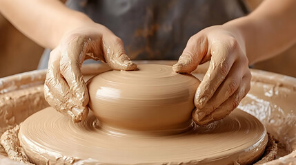 Hands shaping clay on pottery wheel, studio, craft creation, background blurred