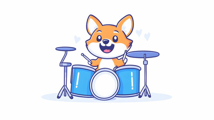Happy corgi dog playing drums, cartoon style, white background, children's book illustration