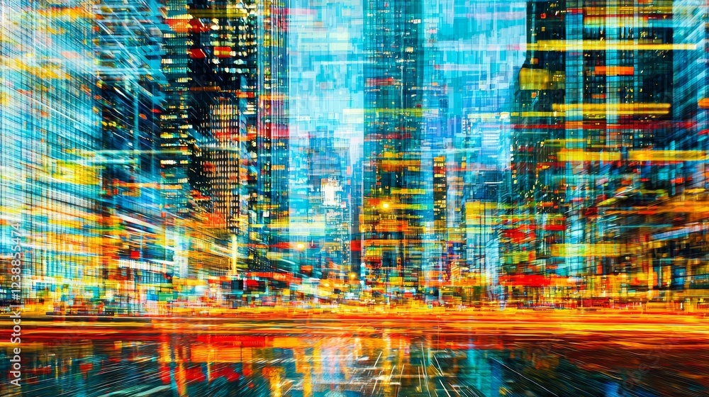 Poster vibrant motion of atoms in synchronized digital environment with colors
