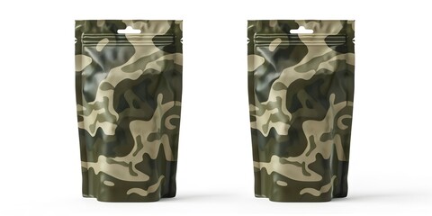 Blank coffee bag with green military camouflage pattern packaging, product packaging mockup design, doypack isolated on white background, Generative AI.