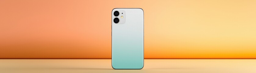 A stylish smartphone with a gradient design, set against a warm orange background, highlighting modern technology aesthetics.