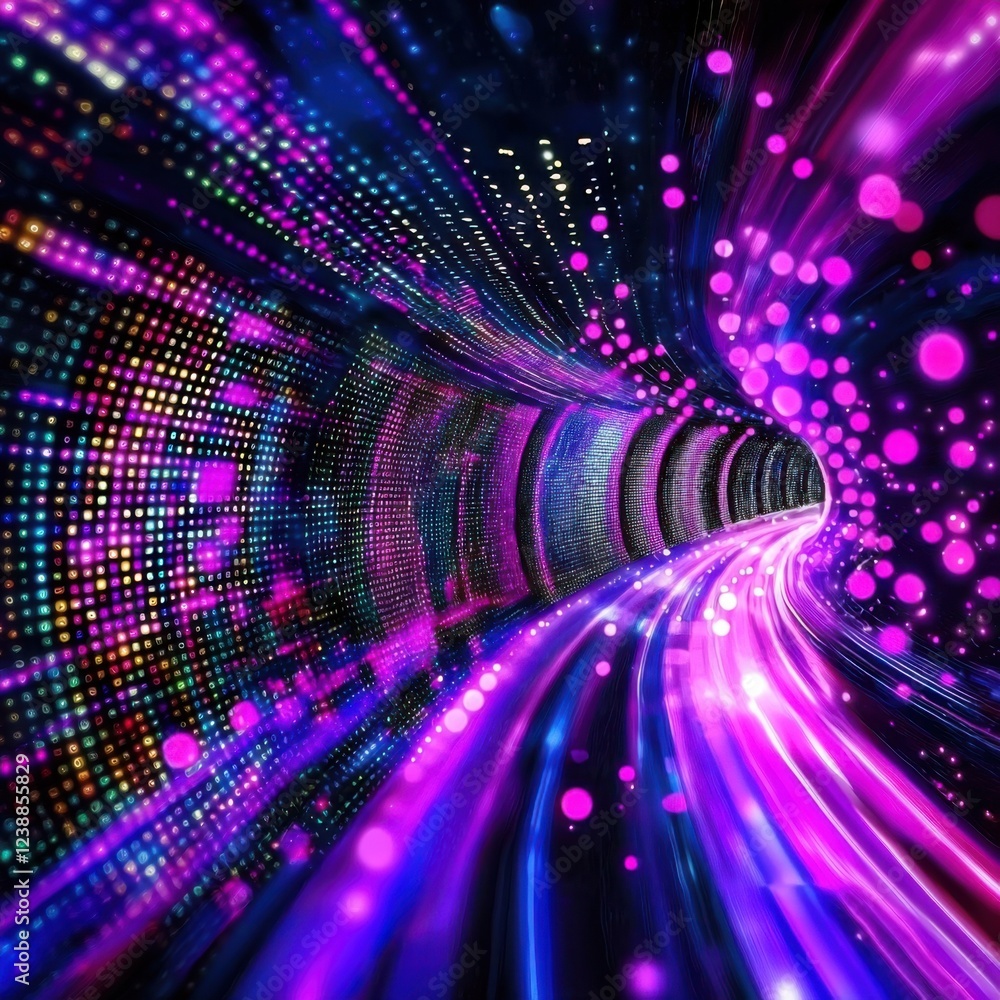 Poster a vibrant, abstract tunnel of light featuring flowing colors and digital patterns, creating a sense 