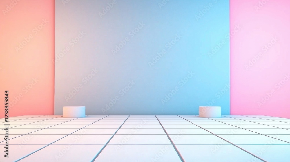 Poster empty modern space with pastel-colored walls and a tiled floor, creating a minimalistic and serene e