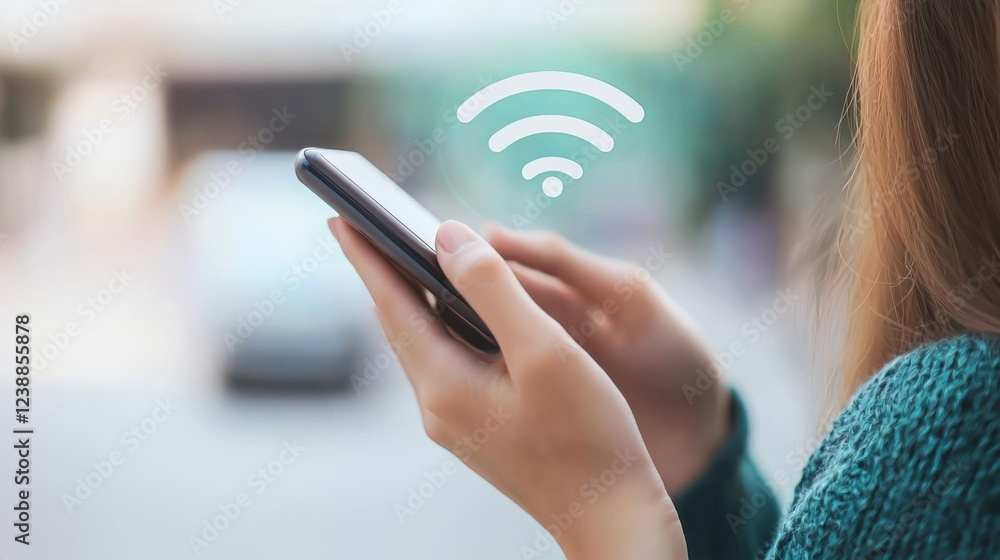 Poster a person using a smartphone with a wi-fi symbol in the background, indicating connectivity and techn