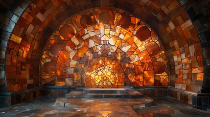Obraz premium Unique mosaic podium with luminous ceramic tiles in various geometric formations, under a warm, golden light.