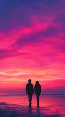 Fototapeta premium Couple Walking on Beach at Sunset with Vibrant Sky Colors