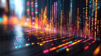 Colorful digital sound waves visualizing data trends in a futuristic cityscape background