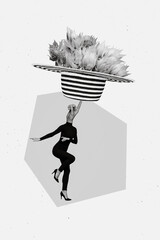 Creative photo collage of headless woman arm instead of head dancing finger hold hat with flowers...
