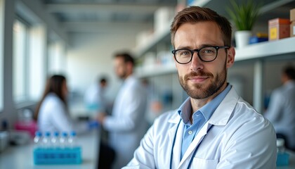 Obraz premium A scientist confidently stands in a laboratory setting, colleagues blurred in the background.