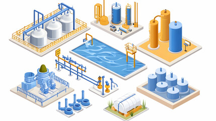 Isometric illustration of water treatment plant