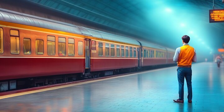 man by train with blurred station platform