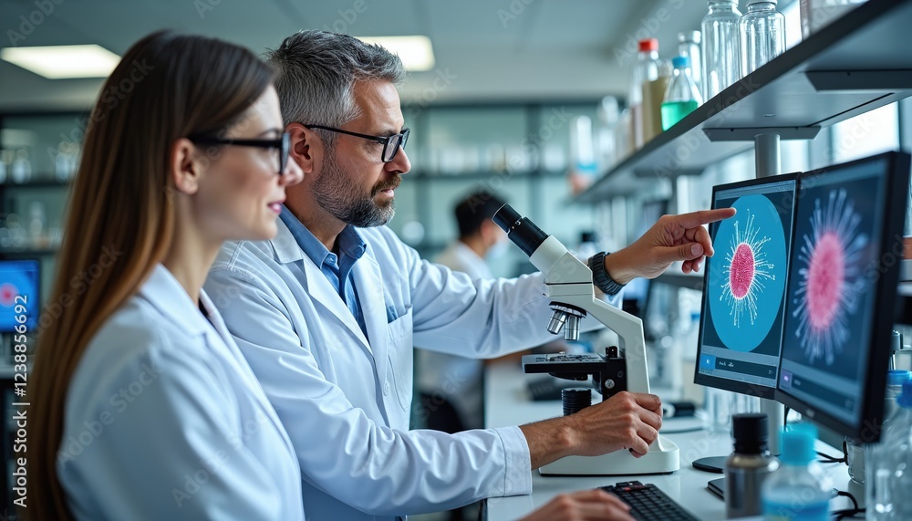 Poster scientists collaborate on microscopic research, analyzing a virus on computer screens.