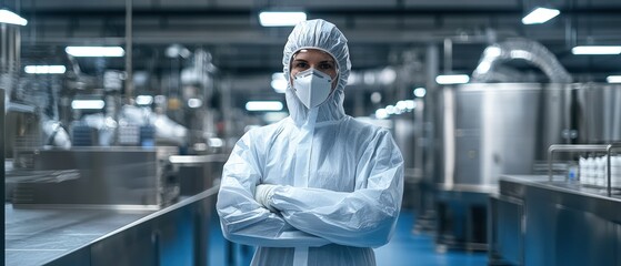 A masked professional in protective gear stands confidently in a clean, industrial environment, likely a laboratory or manufacturing facility.