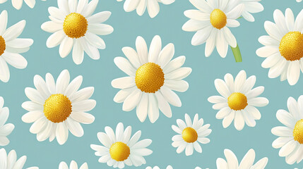 A pattern of white daisies with yellow centers on a light blue background. The daisies are scattered across the image, creating a cheerful and bright floral design.
