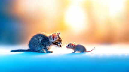 Kitten and mouse sunset encounter, peaceful nature scene, adorable animals