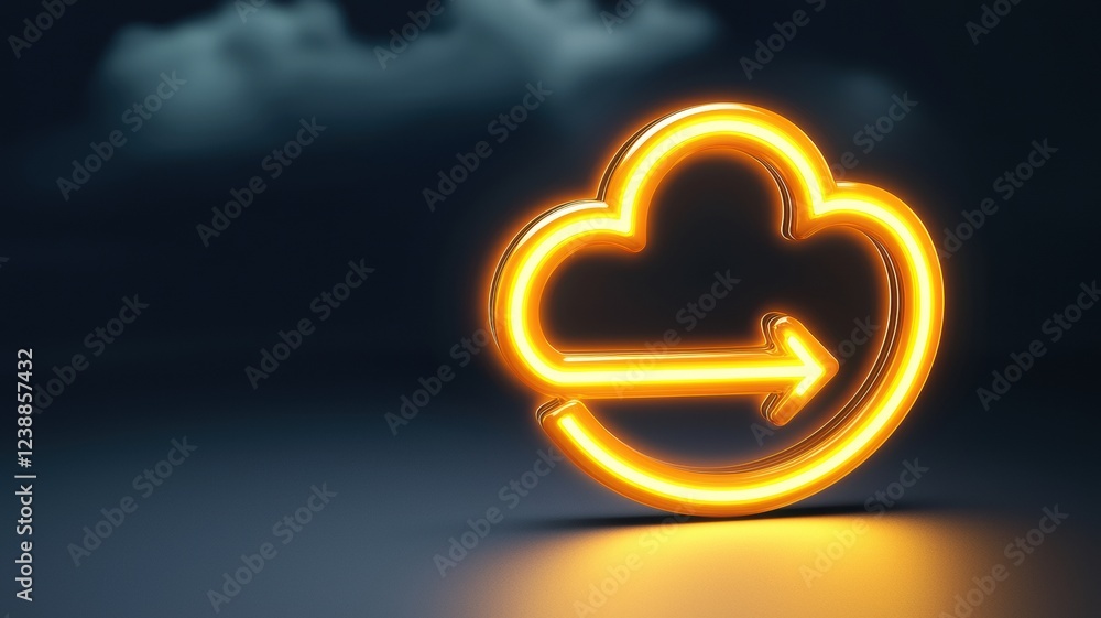 Poster glowing cloud icon with arrows on dark background for tech and cloud computing