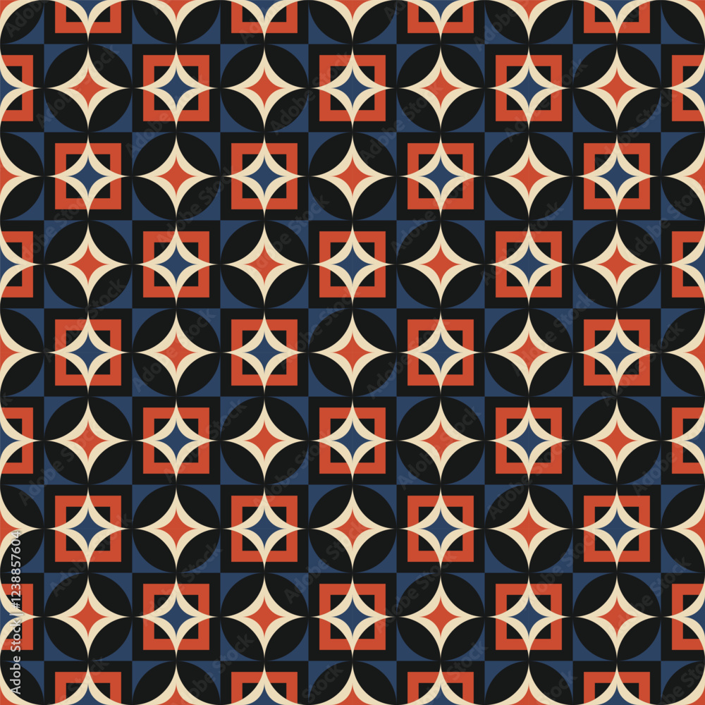 Poster seamless geometric pattern featuring a repeating design of overlapping circles, squares, and triangl