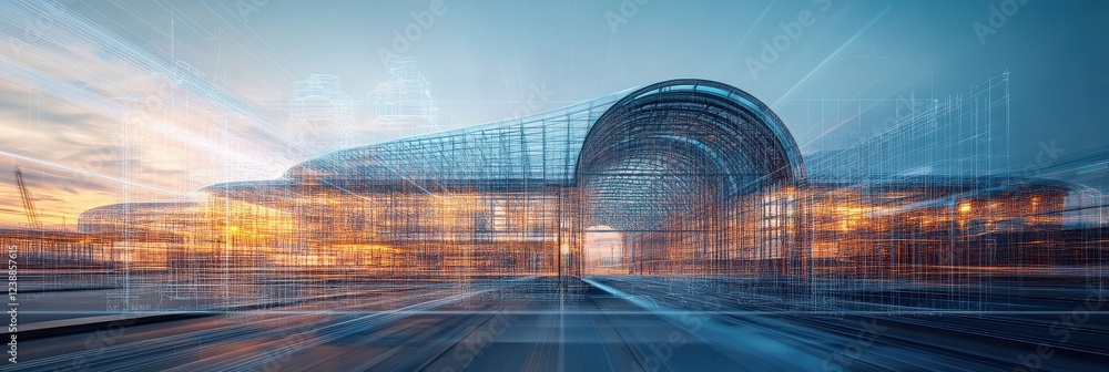 Poster a futuristic architectural design featuring a large, curved structure illuminated by sunset, surroun