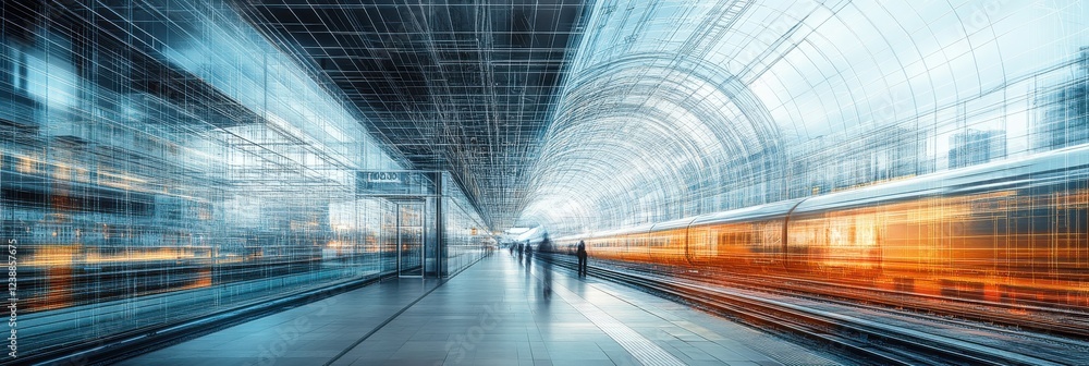 Poster a futuristic train station with dynamic lighting and blurred motion, creating a sense of speed and m