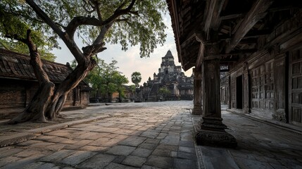 Obraz premium Ayutthaya temple's tranquil sunset a serene wide-angle landscape capturing thailand's cultural heritage