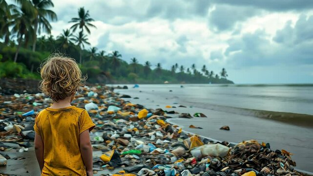 The child looks at the contaminated beach, pollution, poverty, uncertain future