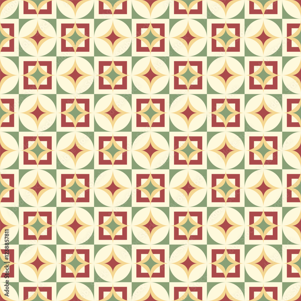 Poster seamless geometric pattern featuring a repeating design of overlapping circles, squares, and triangl