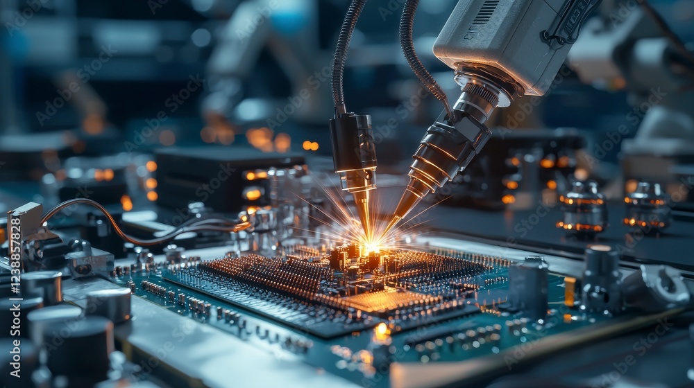 Poster Precision capture of industrial robotic arm in action high-tech factory image close-up innovation