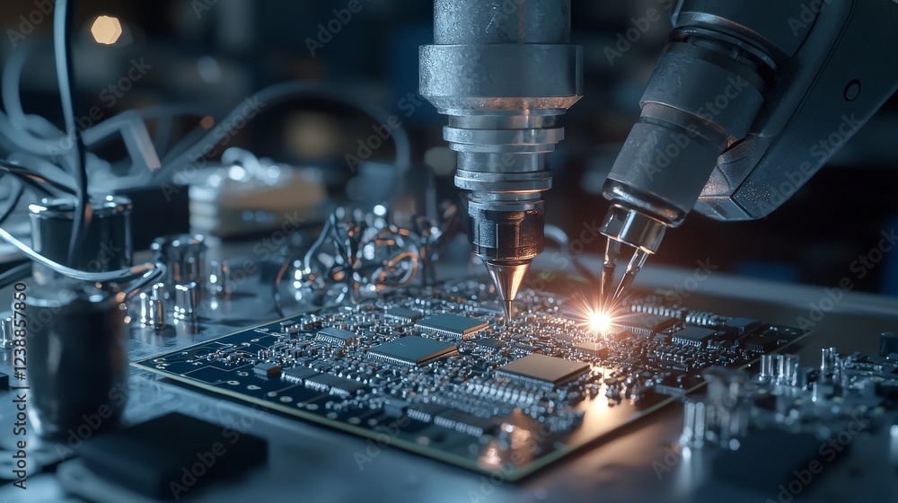 Aufkleber High-tech factory dynamics robotic arm & microchip positioning in precision engineering environment