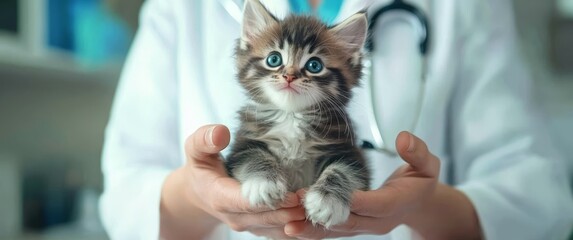 Gentle hands nurture a little kitten’s health.