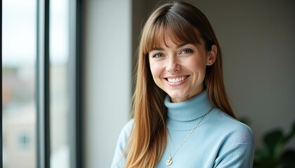 Obraz premium Smiling woman with long brown hair wearing a turtleneck sweater, near a window.