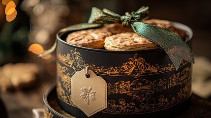 A vintage-style tin of biscuits with a decorative bow and tag. pic