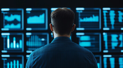 Person analyzing digital data on multiple screens, focusing on graphs and charts, back view, technological environment.