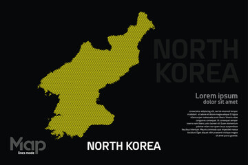 Fototapeta premium Map of North Korea featuring yellow geographic lines, isolated on a black background. Perfect for various design projects.