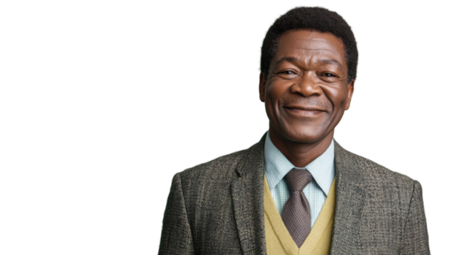 Smiling senior professor posing on transparent background