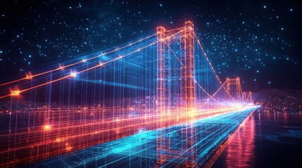Obraz premium A vibrant digital depiction of a bridge with glowing lights, set against a starry night sky, showcasing a futuristic aesthetic.