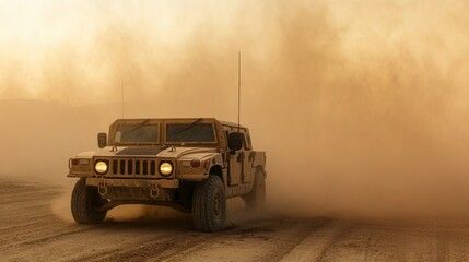 Military Humvee Drives Through Desert Dust Storm