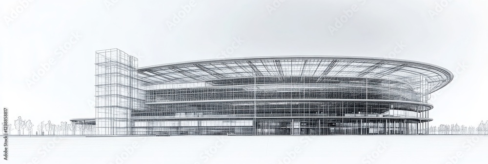 Poster a modern architectural sketch of a large venue, showcasing its unique structure and design elements 