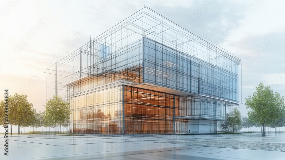 Poster a modern architectural design featuring a glass building with a sleek structure, surrounded by trees