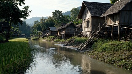 Obraz premium Tranquil riverside view of traditional thai homes ubon ratchathani landscape photography serene environment natural beauty