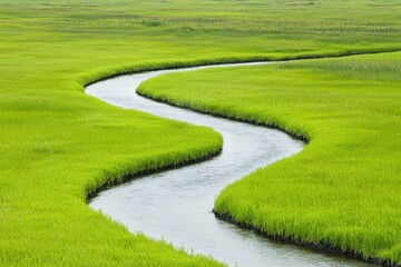 Scenic view of a beautiful river delta surrounded by lush green fields from above