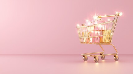 A golden shopping cart filled with pastel items shines against a soft pink background, creating a whimsical, festive atmosphere.
