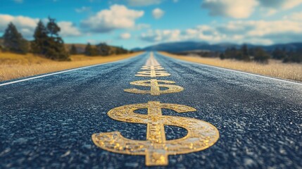 Financial freedom, open road with dollar signs, 3D illustration. 