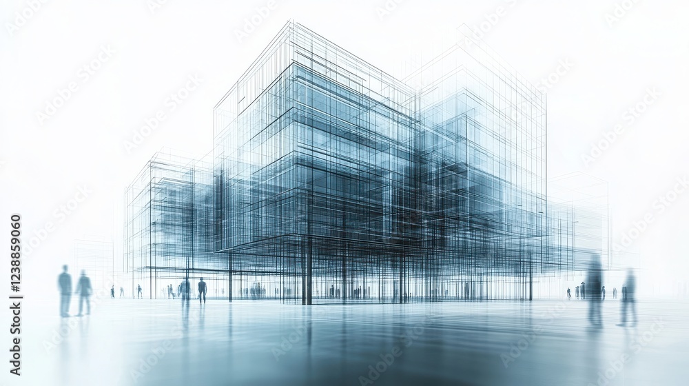 Poster a modern architectural design featuring a transparent structure with people in silhouette, creating 