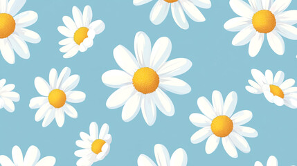 A pattern of white daisies with yellow centers on a light blue background. The daisies are scattered across the image, creating a cheerful and bright floral design.
