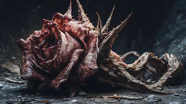 A cursed rose demon with withered, decaying petals and sharp thorns